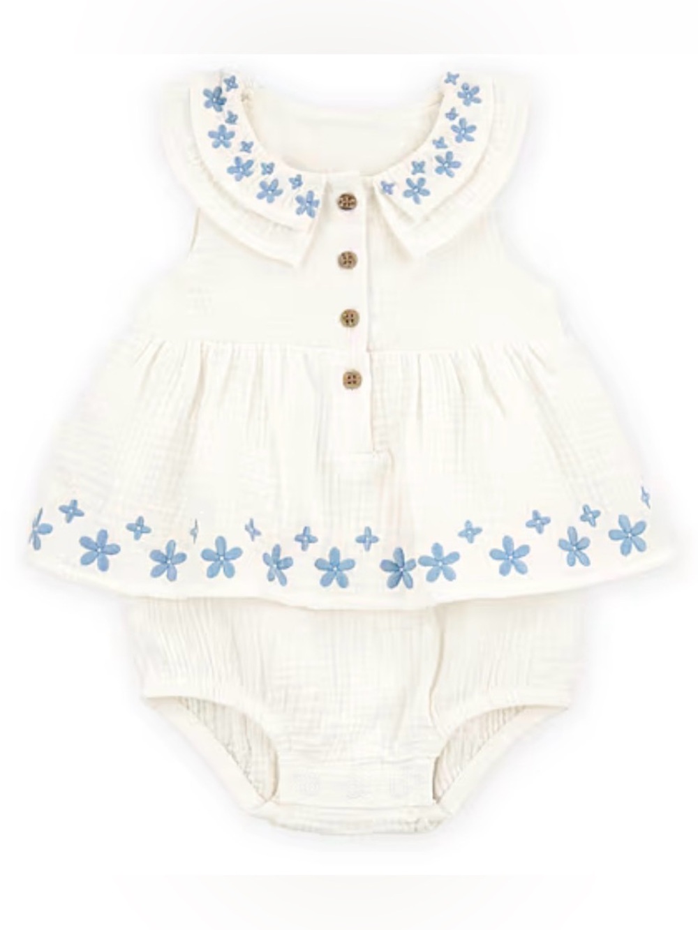 white dress with blue flower embroidery collar • 0-3 month baby girl